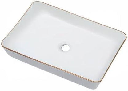 Vessel Sink Rectangular For Bathroom - Fulorni 24"x14" White Bathroom Vessel Sink with Gold Rim Above Counter Rectangle Vanity Lavatory Bath Sink Basin
