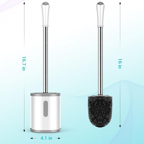 Toilet Brush and Holder Set, 2 Pack with Stainless Steel Handle Toilet Bowl Brush, Compact Toilet Scrubber Brush for Deep Cleaning Bathroom Restroom, Easy to Assemble White & Gray