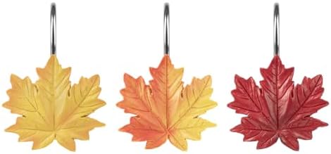 Sunlit Maple Leaf Shower Curtain Hooks, Yellow Orange Red Gradient Fall Autumn Shower Curtain Rings for Bathroom, Decorative Resin Maple Leaves Curtain Hangers, Bath Accessories, Set of 12
