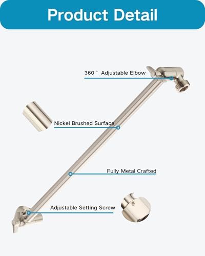 15 Inch Extra Long Adjustable Shower Head Extension Arm With Locking Set Screw, Singing Rain 304 Stainless Steel Angle Height Adjustable, G1/2 Universal Connector Compatible (Nickel Brushed)