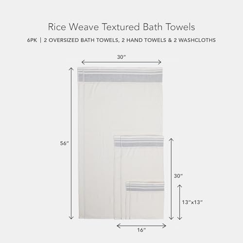 Texere 100% Organic Cotton Rice Weave Jacquard 700 GSM Luxury Bath Towel Set - 2 Large Bath Towels, 2 Hand Towels, 2 Washcloths (Rice Weave, Cream w/Blk, 6 Piece)