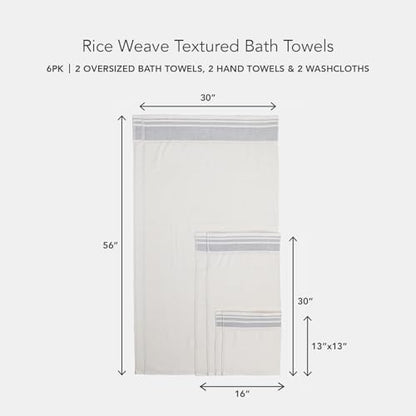 Texere 100% Organic Cotton Rice Weave Jacquard 700 GSM Luxury Bath Towel Set - 2 Large Bath Towels, 2 Hand Towels, 2 Washcloths (Rice Weave, Cream w/Blk, 6 Piece)