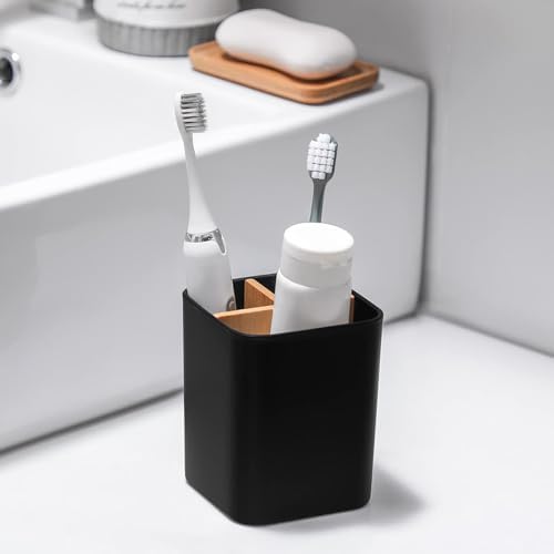 Bamboo Toothbrush Holder for Bathrooms Toothpaste Organizer, 2 Pack, Black