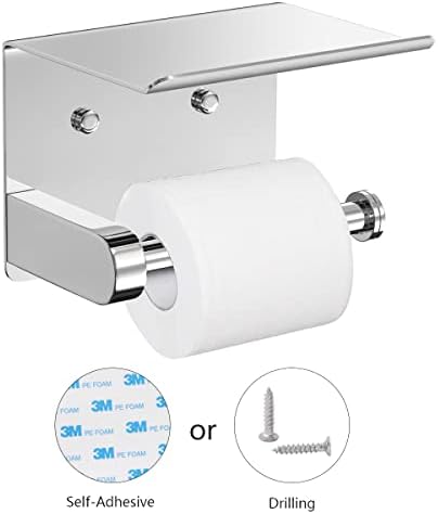 VAEHOLD Self Adhesive Toilet Paper Holder with Phone Shelf Stainless Steel Wall Mounted Toilet Paper Roll Holder - Bathroom Washroom Tissue Roll Holder with Storage Shelf - Bright Surface