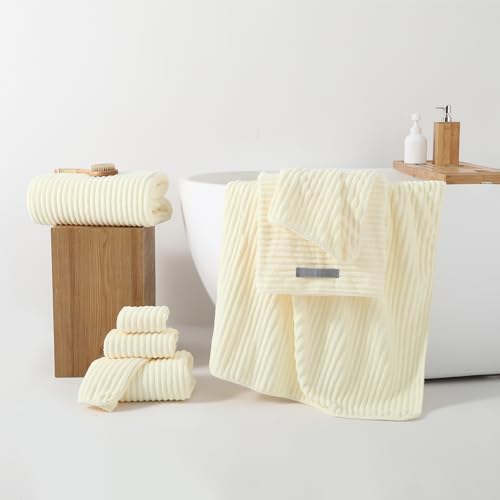 REDKISS Cream Microfiber Bath Towels Set 8 Piece - 70x35 Inches Bathroom Towels of 8 Large, Oversized Bath Towel with 2 Hair Towel Wrap, Highly Absorbent Soft Shower Towels for Bathroom, Hotel, Gym