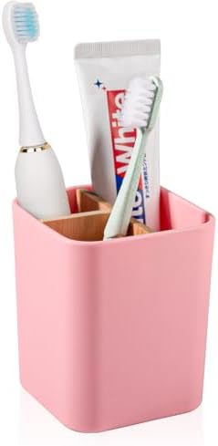 Bamboo Toothbrush Holder for Bathrooms Toothpaste Organizer - Pink
