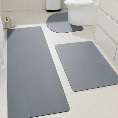 ACCUMTEK Non Slip Bath Mat, Thin Bathroom Rugs Fit Under Door, Quick Dry Bath Mats, Machine Washable Bath Rugs for Bathroom, Bathtub & Kitchen, Bathtub & Kitchen, Grey/Solid/3 Piece