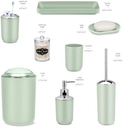 IMAVO Bathroom Accessories Set,Green Bathroom Set,9 Pieces Bathroom Accessory Set,Tray,Qtip Holders,Toilet Brush,Trash Can for Bathroom Décor and Home Gifts