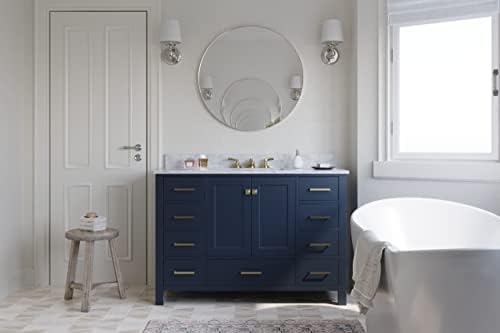 ARIEL Cambridge 48-inch Bathroom Vanity with Sink,Solid Wood, 0.75-inch Italian Carrara Marble Countertop, Single Rectangular Porcelain Sink, 2 Soft Closing Doors, 9 Dovetail Drawers, Midnight Blue