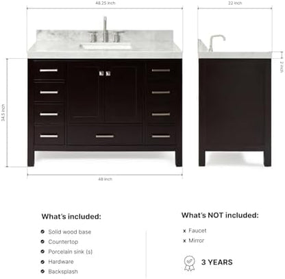 ARIEL Cambridge 48-inch Bathroom Vanity with Sink,Solid Wood, 2-inch Italian Carrara Marble Countertop, Single Rectangular Porcelain Sink, 2 Soft Closing Doors, 9 Dovetail Drawers, Espresso