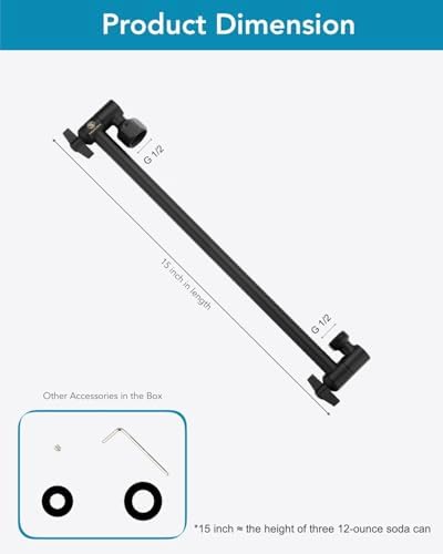 15 Inch Extra Long Adjustable Shower Head Extension Arm With Locking Set Screw, Singing Rain 304 Stainless Steel Angle Height Adjustable, Easy Install, G1/2 Universal Connector Compatible (Matt Black)