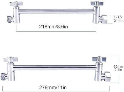 Heavy Duty Adjustable Shower Arm, 11" 100%Brass Extension with Gear Lock Teeth & Swivel Nut,Strong Load Support, No Sagging, Keeps ShowerHead Straight, Leak-Free, G1/2 NPT(Chrome)