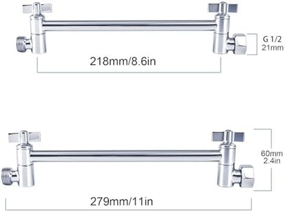 Heavy Duty Adjustable Shower Arm, 11" 100%Brass Extension with Gear Lock Teeth & Swivel Nut,Strong Load Support, No Sagging, Keeps ShowerHead Straight, Leak-Free, G1/2 NPT(Chrome)