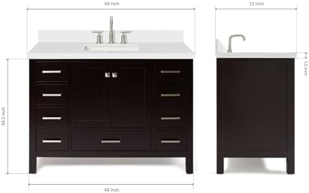 ARIEL Cambridge 48-inch Bathroom Vanity with Sink,Solid Wood, 1.5-inch Pure White Quartz Countertop, Single Rectangular Porcelain Sink, 2 Soft Closing Doors, 9 Dovetail Drawers, Espresso