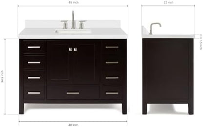 ARIEL Cambridge 48-inch Bathroom Vanity with Sink,Solid Wood, 1.5-inch Pure White Quartz Countertop, Single Rectangular Porcelain Sink, 2 Soft Closing Doors, 9 Dovetail Drawers, Espresso