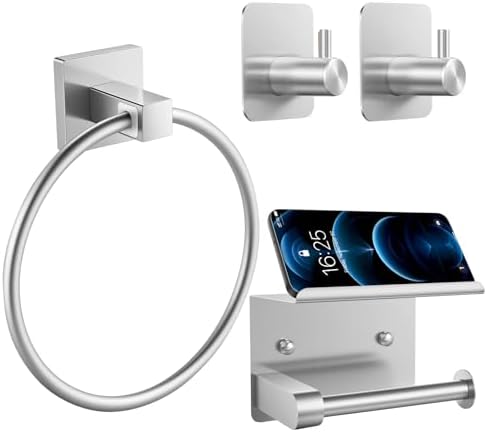 4 Piece Silver Bathroom Hardware Set, Stainless Steel Wall Mounted Towel Hooks, Ring & Oversized Toilet Paper Holder with Shelf, Modern Home Accessories for Bathroom, Washroom, Kitchens and RVs