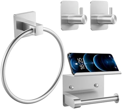 4 Piece Silver Bathroom Hardware Set, Stainless Steel Wall Mounted Towel Hooks, Ring & Oversized Toilet Paper Holder with Shelf, Modern Home Accessories for Bathroom, Washroom, Kitchens and RVs