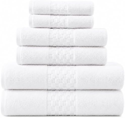 Feather & Stitch 100% Cotton 625 GSM Bath Towel Set of 6, Ultra Soft Highly Absorbent 2 Bath Towels, 2 Hand Towels & 2 Washcloth - Luxury Quick Dry Shower Towels (White)