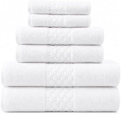 Feather & Stitch 100% Cotton 625 GSM Bath Towel Set of 6, Ultra Soft Highly Absorbent 2 Bath Towels, 2 Hand Towels & 2 Washcloth - Luxury Quick Dry Shower Towels (White)