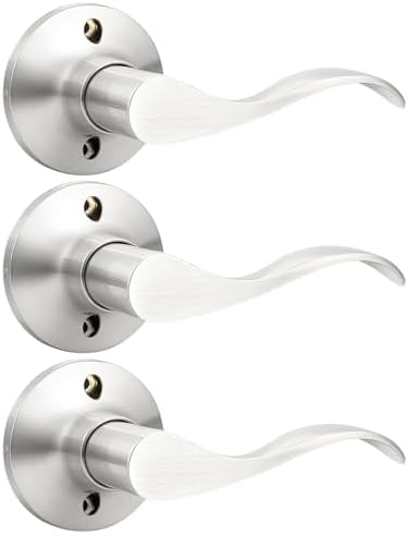 GOBEKOR 3 Pack Single Dummy Door Handles Non-Turning Right-Handed Door Lever Brushed Nickel for French Doors Wave Interior Closet Door Pull