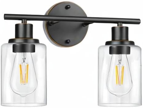 Bathroom Light Fixtures, 2 Light Vanity Light, Wall Sconces Lighting | Modern Bath Wall Mounted Light with Glass Shade, Porch Wall Lamp for Mirror, Living Room, Bedroom, Hallway, Oil Rubbed Bronze