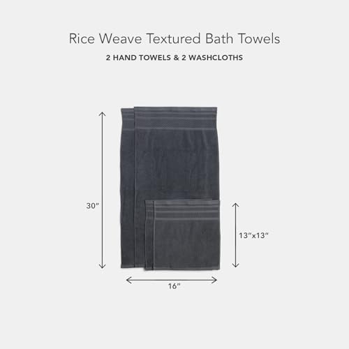 Texere 100% Organic Cotton Rice Weave Jacquard 700 GSM Luxury Bath Towel Sets - Ultra Soft and Absorbent Hotel and Spa Quality (Rice Weave, Charcoal, 2 Hand & 2 Face Towels)