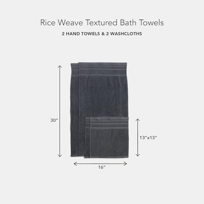 Texere 100% Organic Cotton Rice Weave Jacquard 700 GSM Luxury Bath Towel Sets - Ultra Soft and Absorbent Hotel and Spa Quality (Rice Weave, Charcoal, 2 Hand & 2 Face Towels)