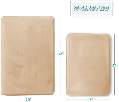 Clara Clark 2 Piece Bathroom Rugs Bath Mat Set, Velvet Memory Foam Bath Mats for Bathroom - Non-Slip, PVC Backing Bath Rugs, Washable - Dries Quickly, Cream