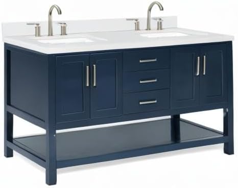 ARIEL Magnolia 60-inch Bathroom Vanity with Sink,Solid Wood, 1.5-inch Pure White Quartz Countertop, Double Rectangular Porcelain Sink, 4 Soft Closing Doors, 3 Dovetail Drawers, Midnight Blue