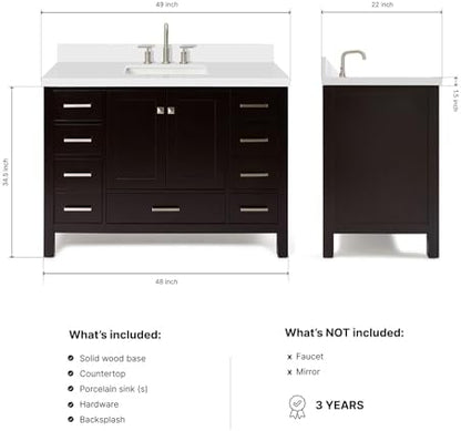 ARIEL Cambridge 48-inch Bathroom Vanity with Sink,Solid Wood, 1.5-inch Pure White Quartz Countertop, Single Rectangular Porcelain Sink, 2 Soft Closing Doors, 9 Dovetail Drawers, Espresso