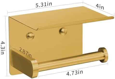 VAEHOLD Self Adhesive Toilet Paper Holder with Phone Shelf Stainless Steel Wall Mounted Toilet Paper Roll Holder - Rustproof and Bathroom Washroom Tissue Roll Holder with Storage Shelf - Gold