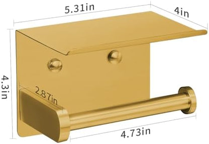VAEHOLD Self Adhesive Toilet Paper Holder with Phone Shelf Stainless Steel Wall Mounted Toilet Paper Roll Holder - Rustproof and Bathroom Washroom Tissue Roll Holder with Storage Shelf - Gold