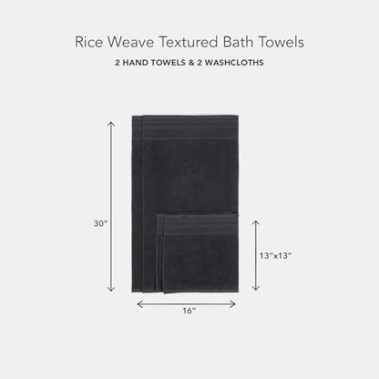 Texere 100% Organic Cotton Rice Weave Jacquard 700 GSM Luxury Bath Towel Sets - Ultra Soft and Absorbent Hotel and Spa Quality (Rice Weave, Black, 2 Hand & 2 Wash Towels)