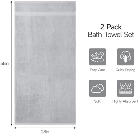 ecolook 2 Pack 100% Cotton Bath Towels, 28 x 55 Inches, Soft