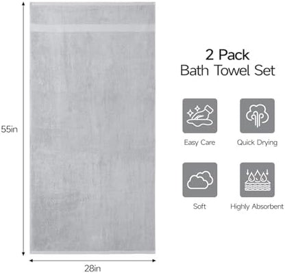 ecolook 2 Pack 100% Cotton Bath Towels, 28 x 55 Inches, Soft