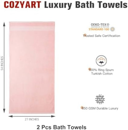 COZYART Luxury Bath Towels 2 PCS, Pink 100% Turkish Cotton 650 GSM