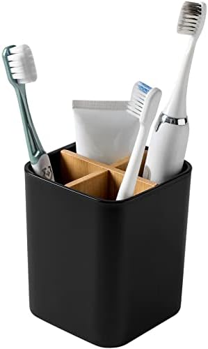 Bamboo Toothbrush Holder for Bathrooms Toothpaste Organizer - Black