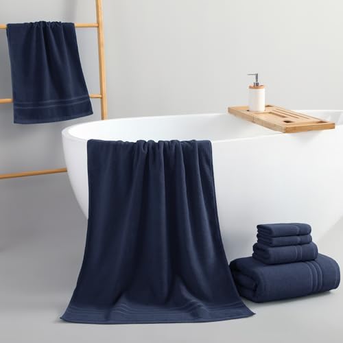 REDKISS Navy Towels Set 6 Piece Cotton Towel Sets with 2 Bath Towels, 2 Hand, 2 Washcloths, 650GSM Hotel Quality, Soft, Highly Absorbent Towels for Bathroom Gym, Ideal Everyday Use