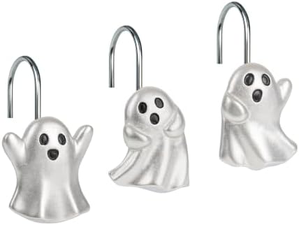 Sunlit Ghost Shower Curtain Hooks, Home Decorative Shower Curtain Rings for Bathroom, Halloween Shower Curtain Hangers Bathroom Accessories, Set of 12, Silver