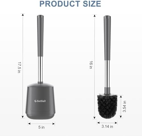 SetSail Toilet Brush and Holder 3 Pack, Self Closing Lid Toilet Bowl Brushes Holder Extra Long Handle Ventilated Toilet Brush Set for Bathroom Cleaning, Nylon Bristles, Grey