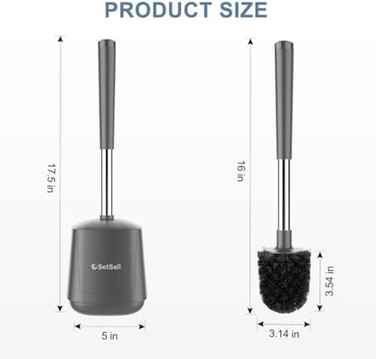 SetSail Toilet Brush and Holder 3 Pack, Self Closing Lid Toilet Bowl Brushes Holder Extra Long Handle Ventilated Toilet Brush Set for Bathroom Cleaning, Nylon Bristles, Grey