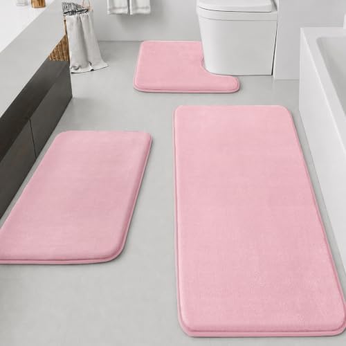 HUXMEYSON Bathroom Rugs Sets 3 Piece, Non-Slip & Quick Dry Bath Mat Set, Ultra Soft Velvet Bath Rugs for Bathroom, Toilet and Shower Floor, Rose Pink