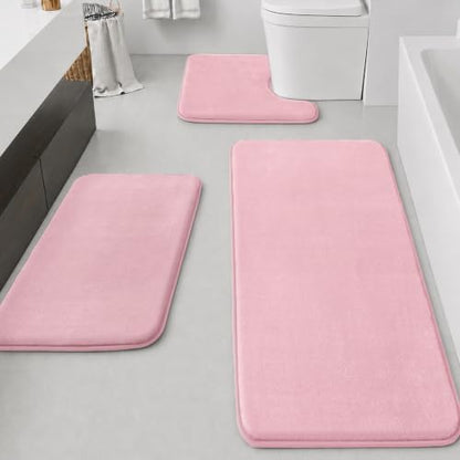 HUXMEYSON Bathroom Rugs Sets 3 Piece, Non-Slip & Quick Dry Bath Mat Set, Ultra Soft Velvet Bath Rugs for Bathroom, Toilet and Shower Floor, Rose Pink