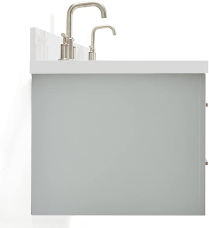 ARIEL Hutton 73 in. Double Oval Sink Floating Wall Vanity with 1.5" Inch White Quartz Countertop in Grey