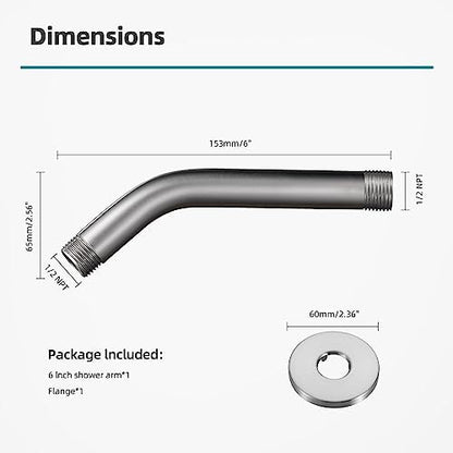 Cobbe Shower Arm with Flange and Teflon Tape, 6-Inches Wall Mounted Shower Pipe Arm 304 Stainless Steel Extension for Fixed Shower Head, Brushed Nickel