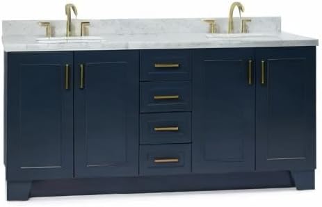 ARIEL Taylor 72-inch Bathroom Vanity with Sink,Solid Wood, 1.5-inch Italian Carrara Marble Countertop, Double Rectangular Porcelain Sink, 4 Soft Closing Doors, 6 Dovetail Drawers, Midnight Blue