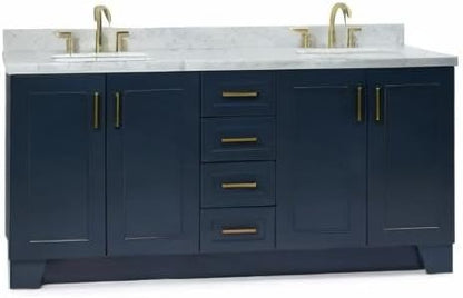 ARIEL Taylor 72-inch Bathroom Vanity with Sink,Solid Wood, 1.5-inch Italian Carrara Marble Countertop, Double Rectangular Porcelain Sink, 4 Soft Closing Doors, 6 Dovetail Drawers, Midnight Blue