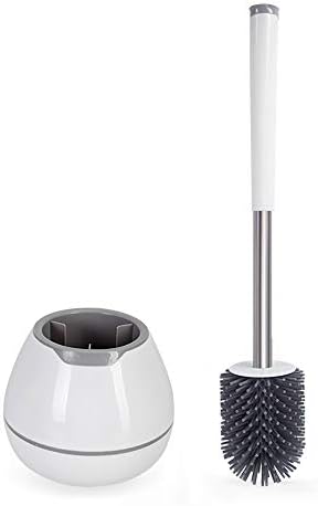 BOOMJOY Toilet Brush and Holder Set, Silicone Toilet Bowl Cleaner Brush, Bathroom Cleaning Bowl Kit with Tweezers, Bathroom Accessories with Aluminum Handle - White