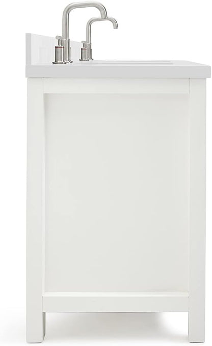 ARIEL Bristol 60-inch Bathroom Vanity with Sink,Solid Wood, 1.5-inch Pure White Quartz Countertop & Backsplash, Double Rectangular Porcelain Sink, 4 Soft Closing Doors, 3 Dovetail Drawers, White