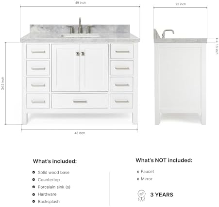 ARIEL Cambridge 48-inch Bathroom Vanity with Sink,Solid Wood, 1.5-inch Italian Carrara Marble Countertop, Single Rectangular Porcelain Sink, 2 Soft Closing Doors, 9 Dovetail Drawers, White
